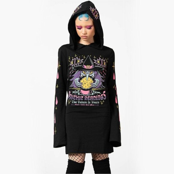Killstar Dresses & Skirts - Killstar Crystal Gazer Hooded Dress ✦ M Black Psychic Graphic ✦ Bell Sleeves NWT